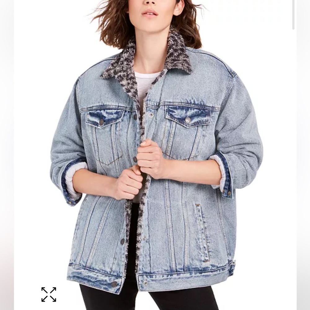 Free People We The Free Wild Ones Oversized Denim Sherpa Leopard Trucker Jacket